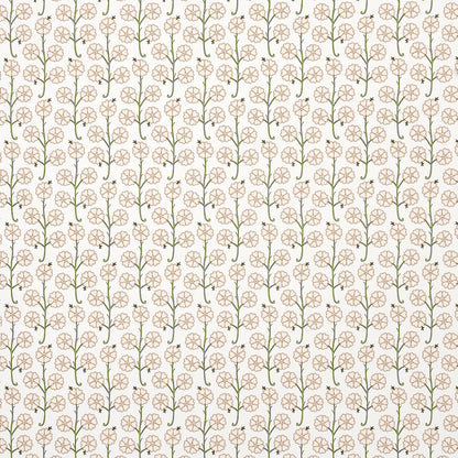 Cream background with vertical sage-green stems and small pink blossoms in a delicate repeating floral pattern.
