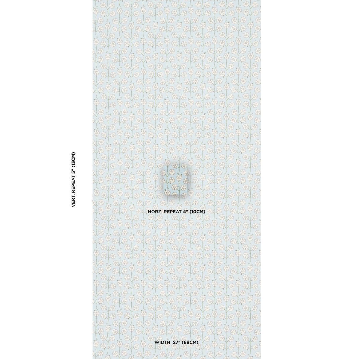Egg blue wallpaper with tiny beige floral vertical pattern; central swatch shows 27" width and 4" horizontal repeat.