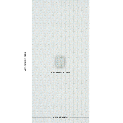 Egg blue wallpaper with tiny beige floral vertical pattern; central swatch shows 27" width and 4" horizontal repeat.