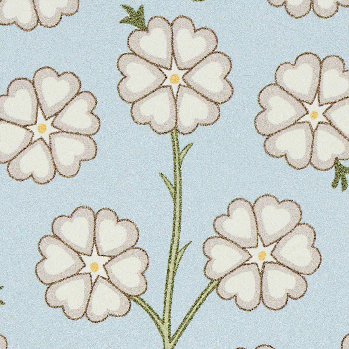 Light blue fabric with repeating white heart-petal flowers on green stems and yellow centers; whimsical floral print.