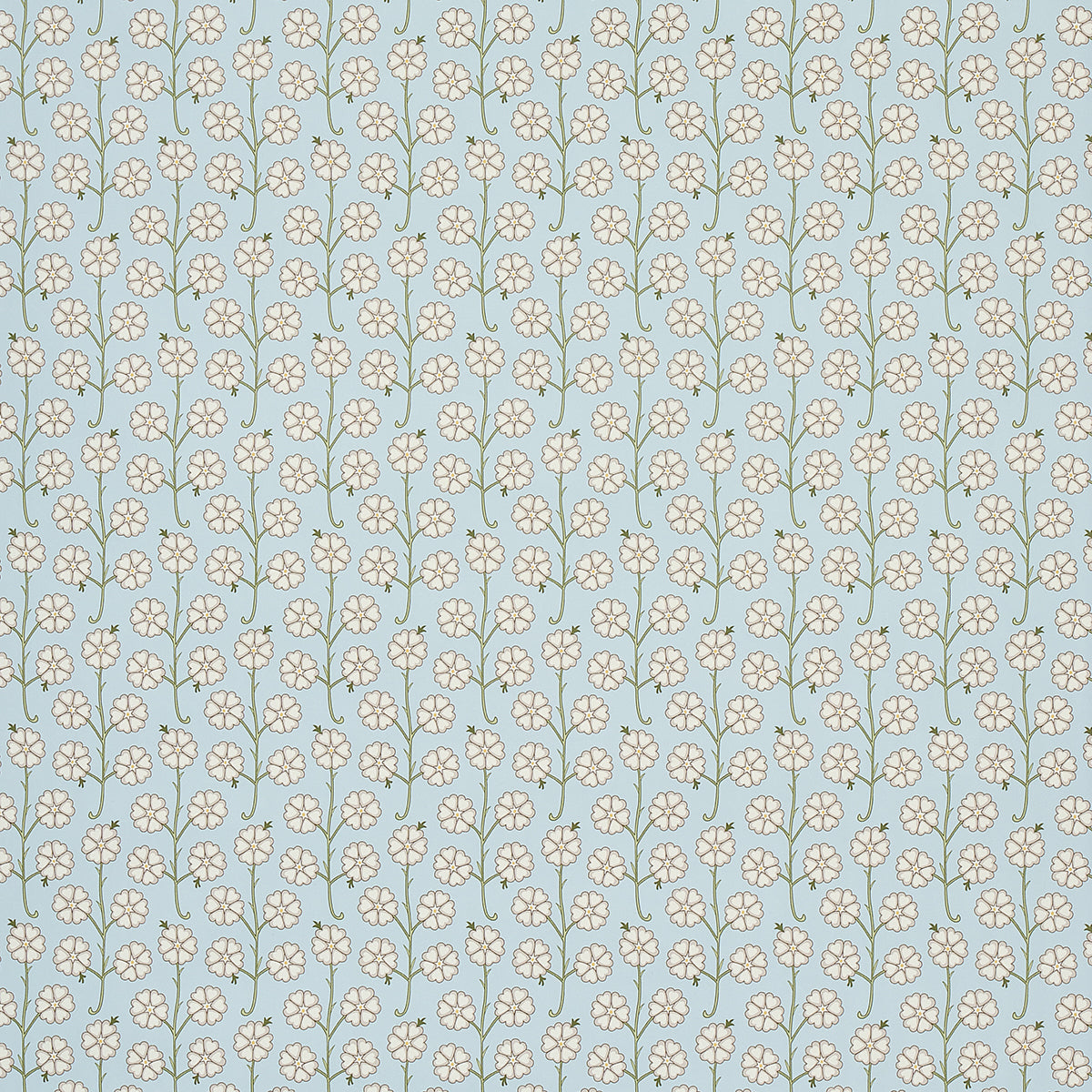 Light blue background with cream floral stems and small blossoms in a repeating botanical pattern for upholstery or curtains