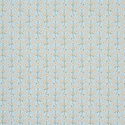 Light blue background with cream floral stems and small blossoms in a repeating botanical pattern for upholstery or curtains