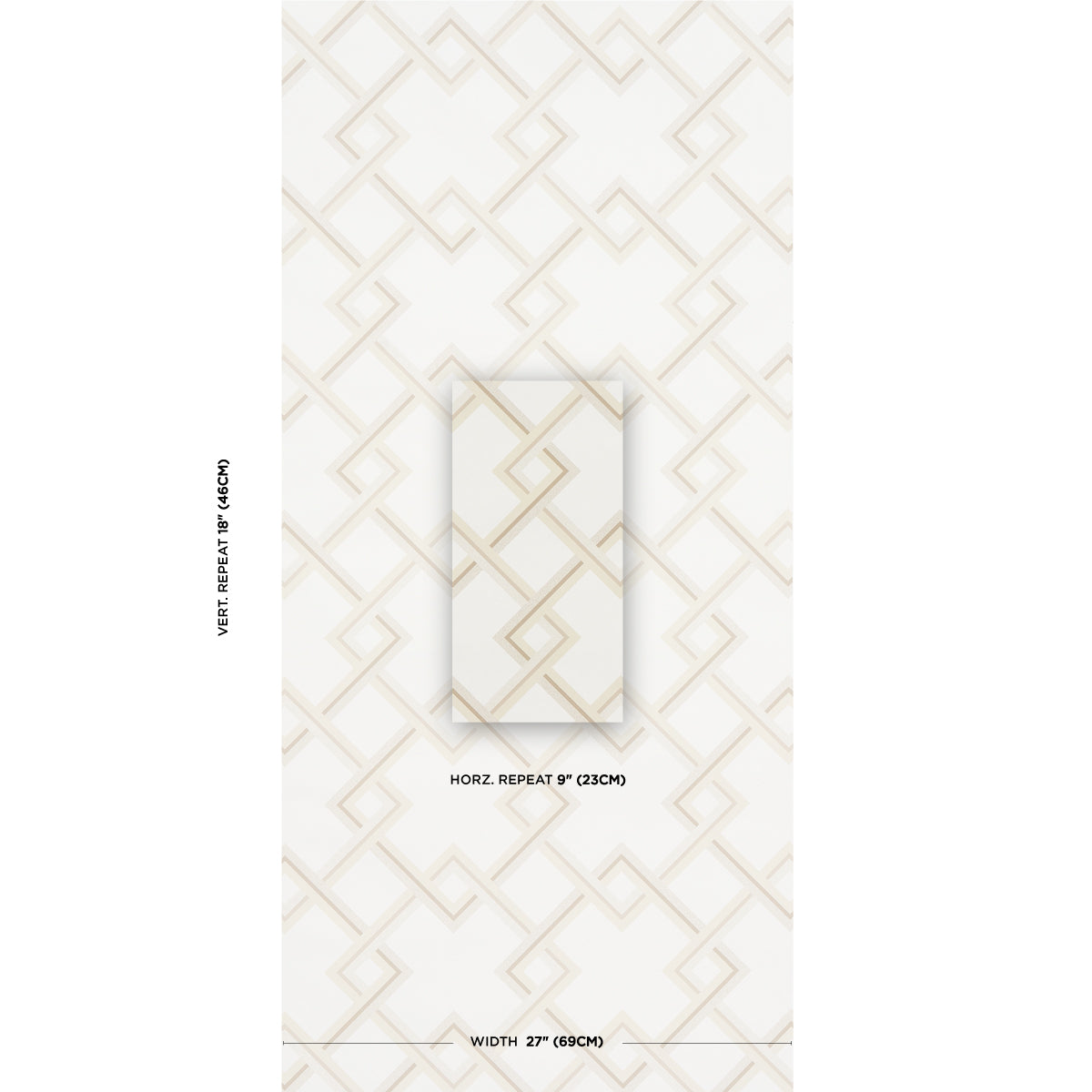 Light ivory geometric lattice wallpaper on white background; vertical repeat; centered swatch display.