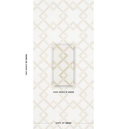 Light ivory geometric lattice wallpaper on white background; vertical repeat; centered swatch display.