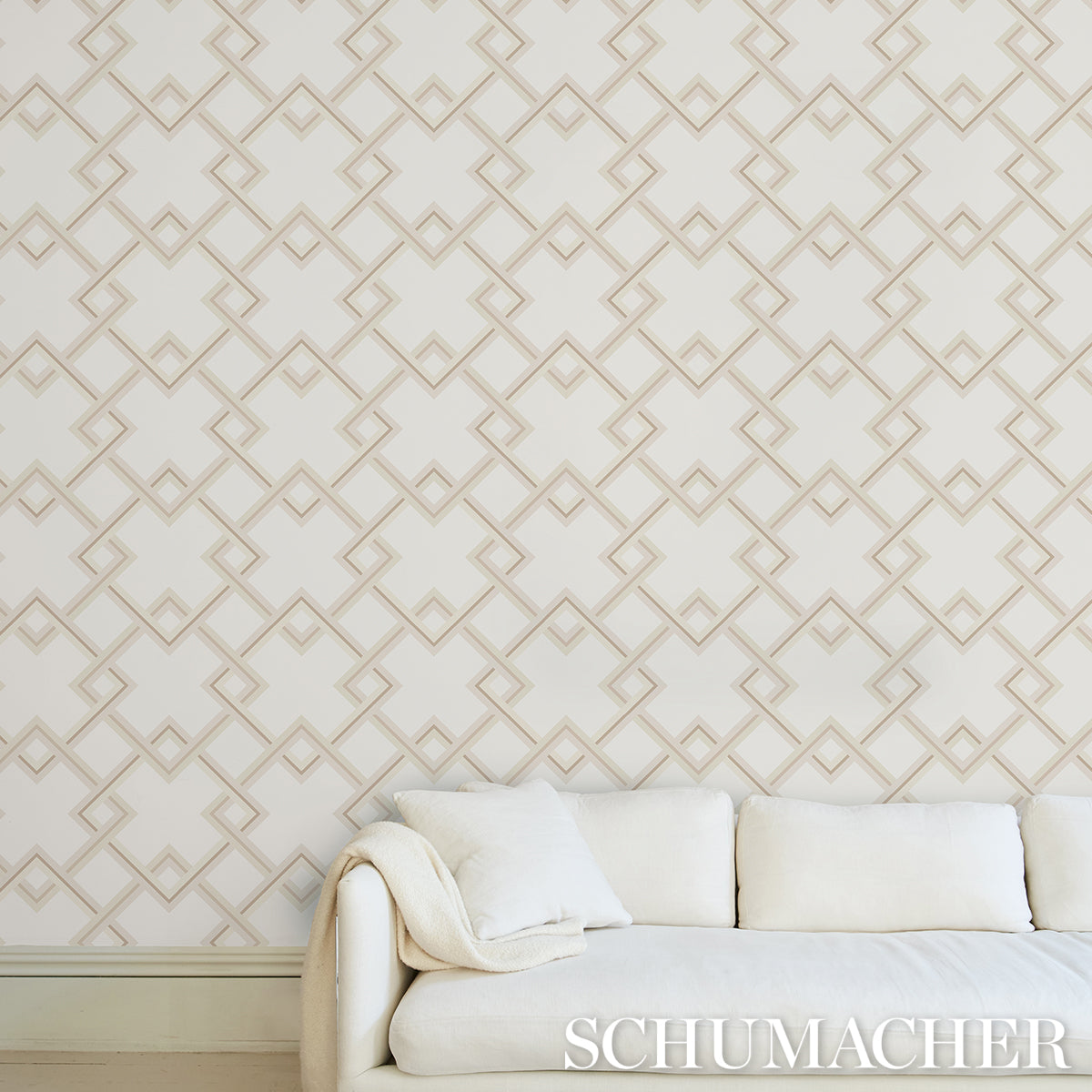 Beige geometric diamond lattice wallpaper in light ivory tones.