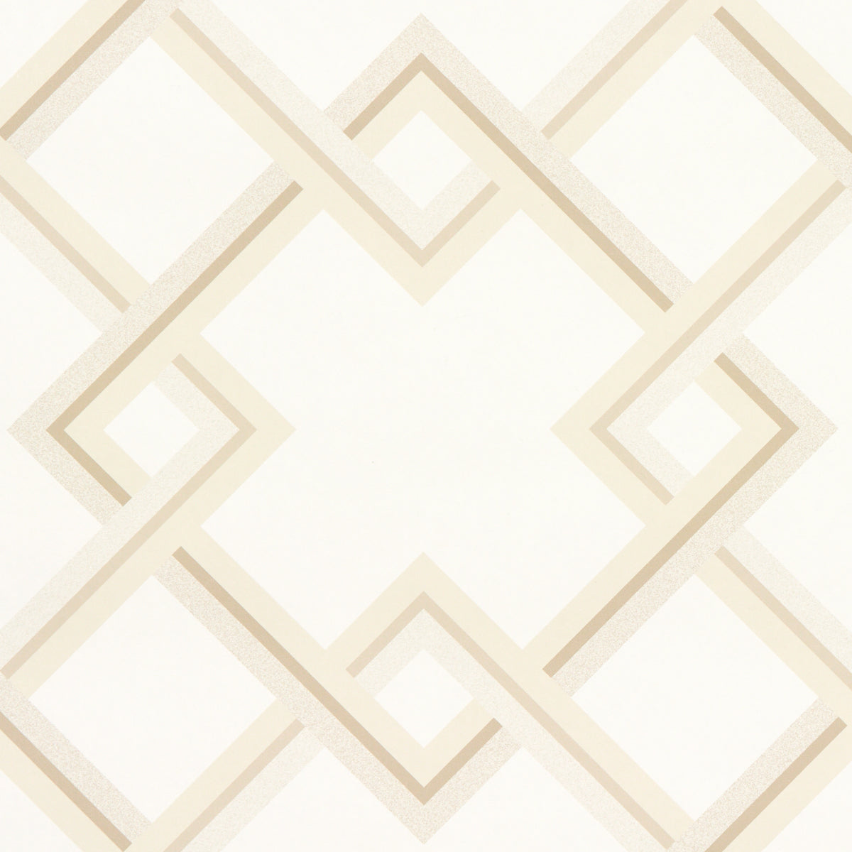 Cream and beige geometric wallpaper with interlocking diamond shapes and square motifs.