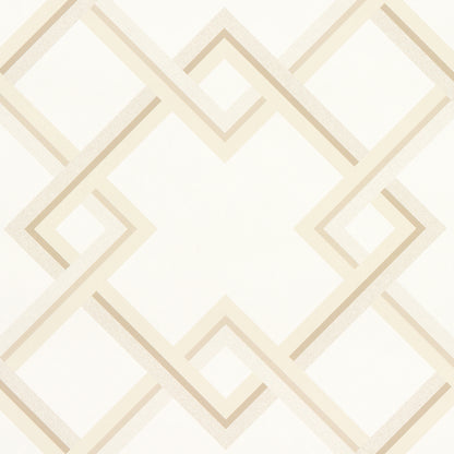 Cream and beige geometric wallpaper with interlocking diamond shapes and square motifs.