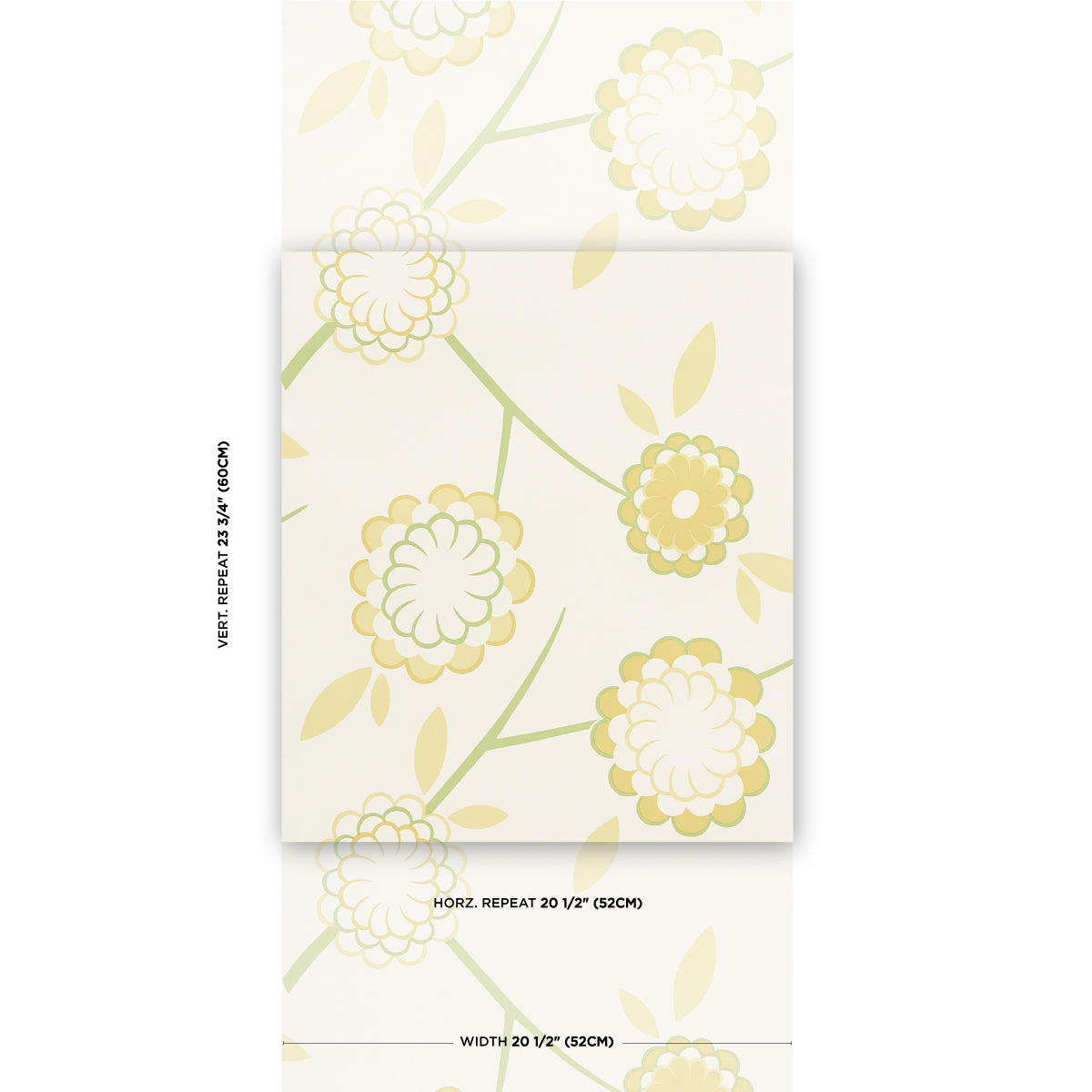 Cream wallpaper sample with pale yellow floral rosettes and green stems; botanical pattern.