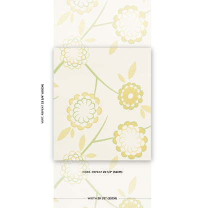 Cream wallpaper sample with pale yellow floral rosettes and green stems; botanical pattern.