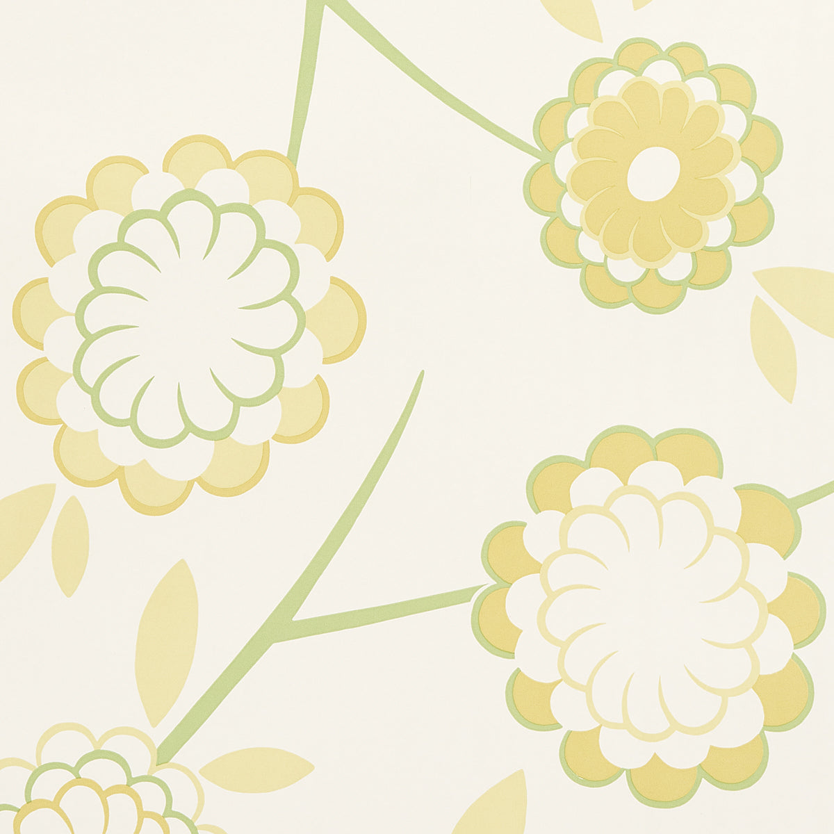 Beige wallpaper with pale yellow-green floral blooms, layered petals on curling green stems.