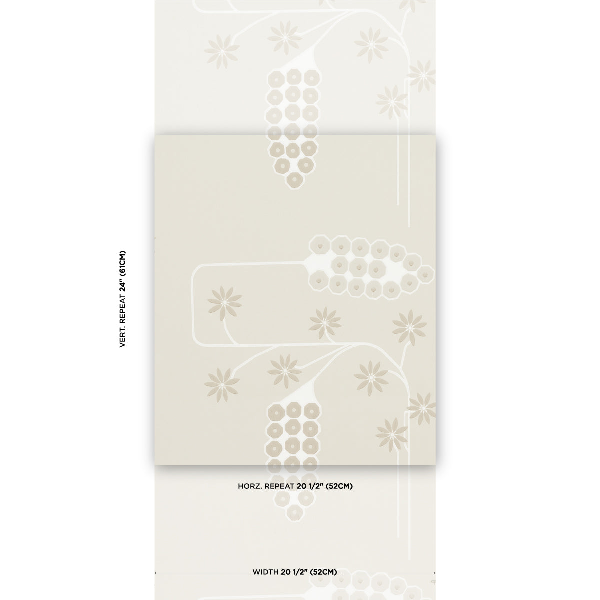 Beige wallpaper sample with pale bead-cluster motifs and floral palm-like patterns for wall décor.