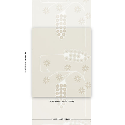 Beige wallpaper sample with pale bead-cluster motifs and floral palm-like patterns for wall décor.