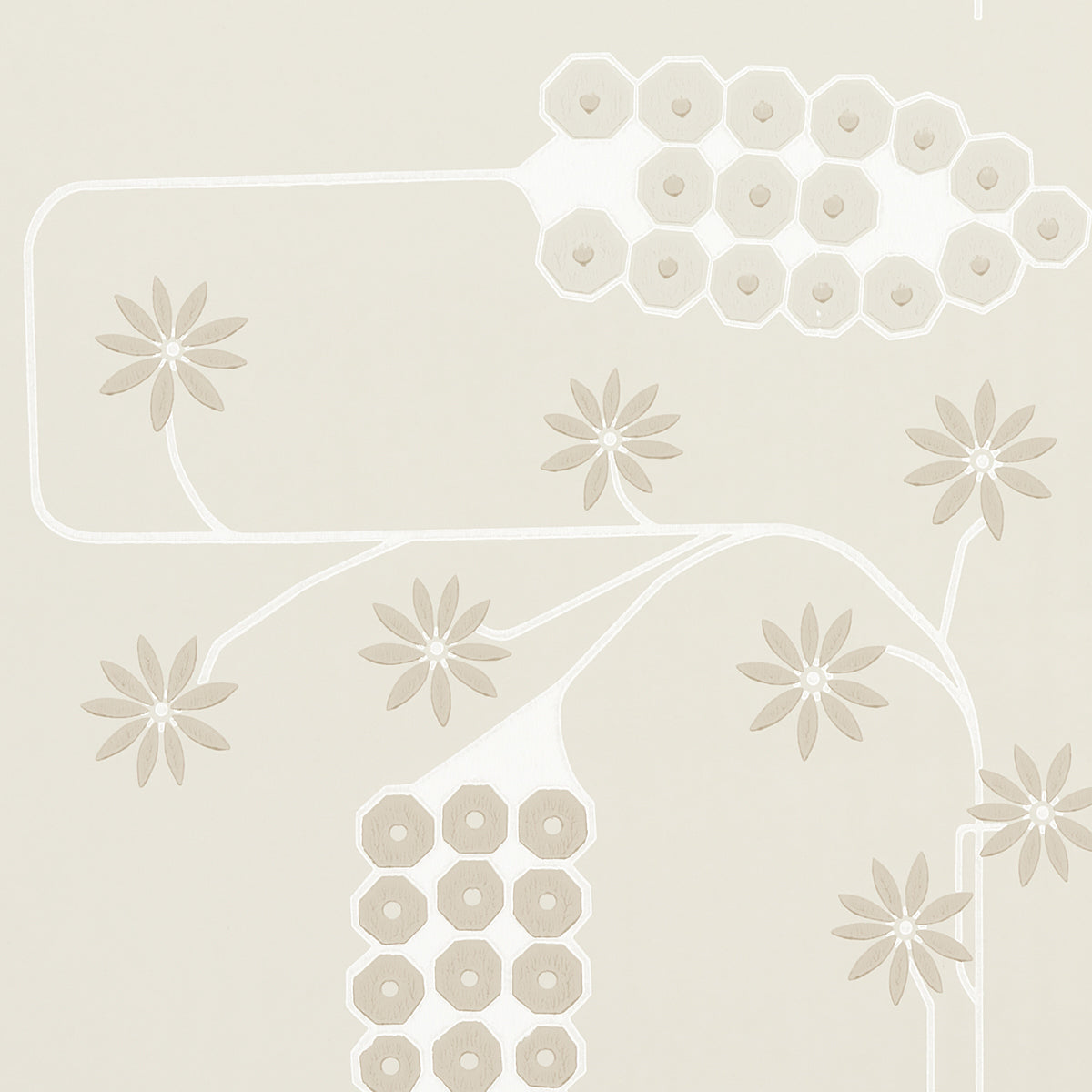 Beige wallpaper with cream vines and taupe daisy-like flowers; hexagonal floral clusters create a subtle retro pattern.