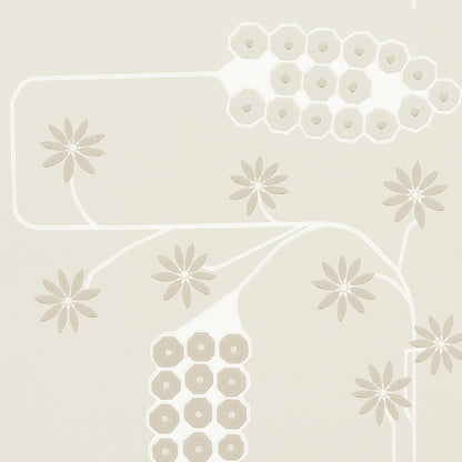 Beige wallpaper with cream vines and taupe daisy-like flowers; hexagonal floral clusters create a subtle retro pattern.