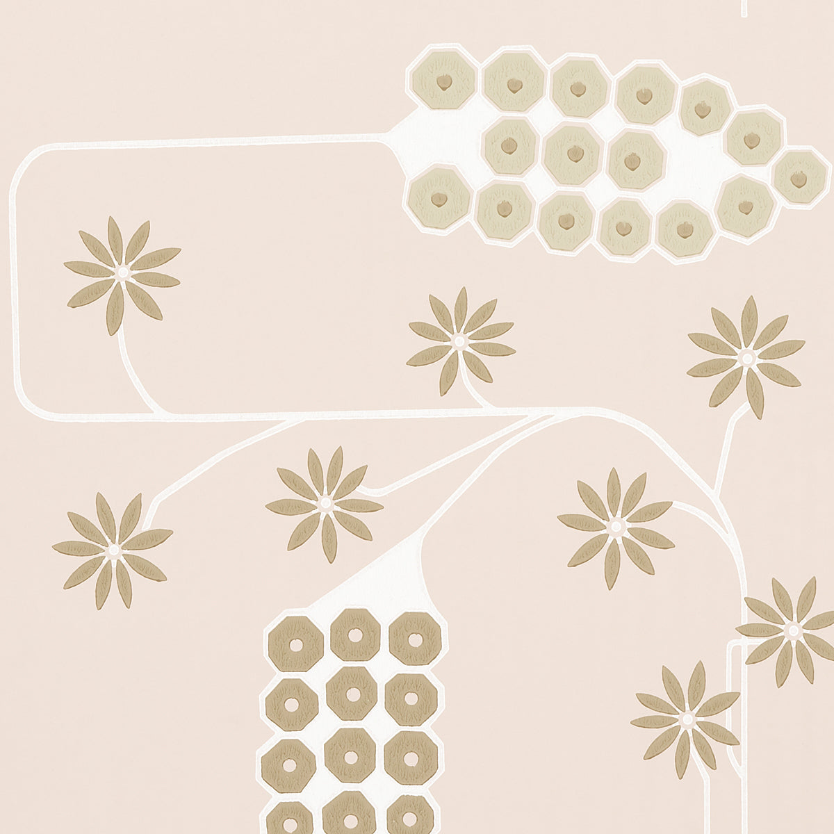 Beige textile pattern with white curving lines, taupe daisy shapes, and cream hexagon clusters.