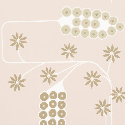 Beige textile pattern with white curving lines, taupe daisy shapes, and cream hexagon clusters.