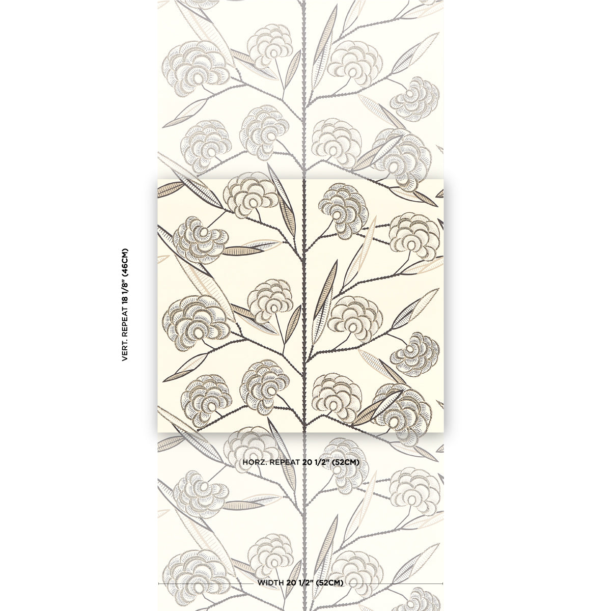 Cream background with black botanical tree motif; wallpaper swatch for walls.