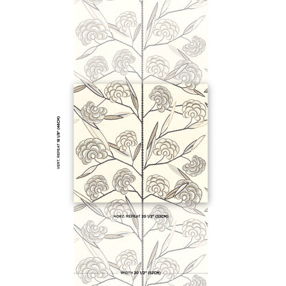 Cream background with black botanical tree motif; wallpaper swatch for walls.