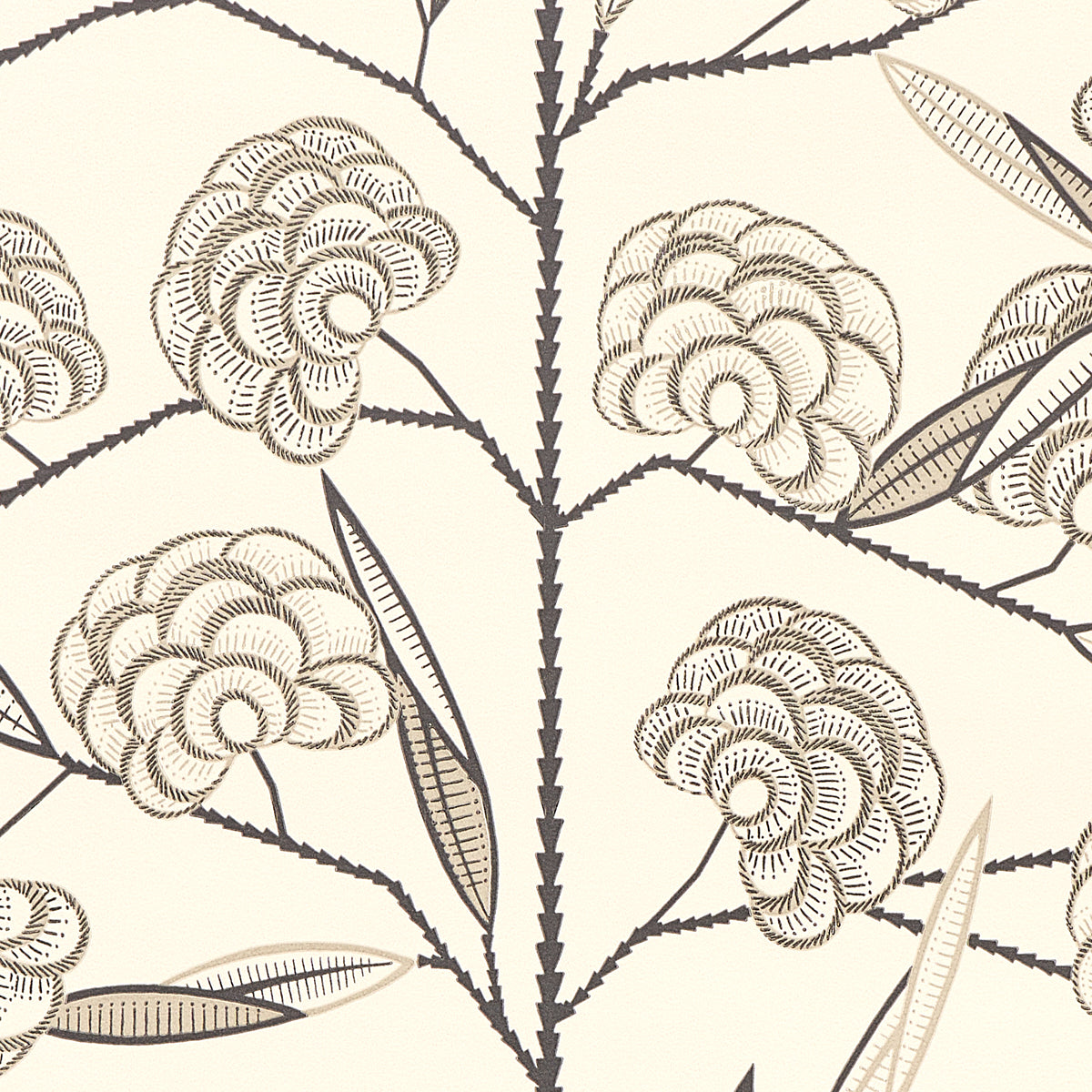 Brown botanical damask print with circular fluffy blossoms and slender stems on cream background; vintage textile design.