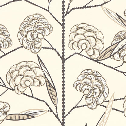 Brown botanical damask print with circular fluffy blossoms and slender stems on cream background; vintage textile design.