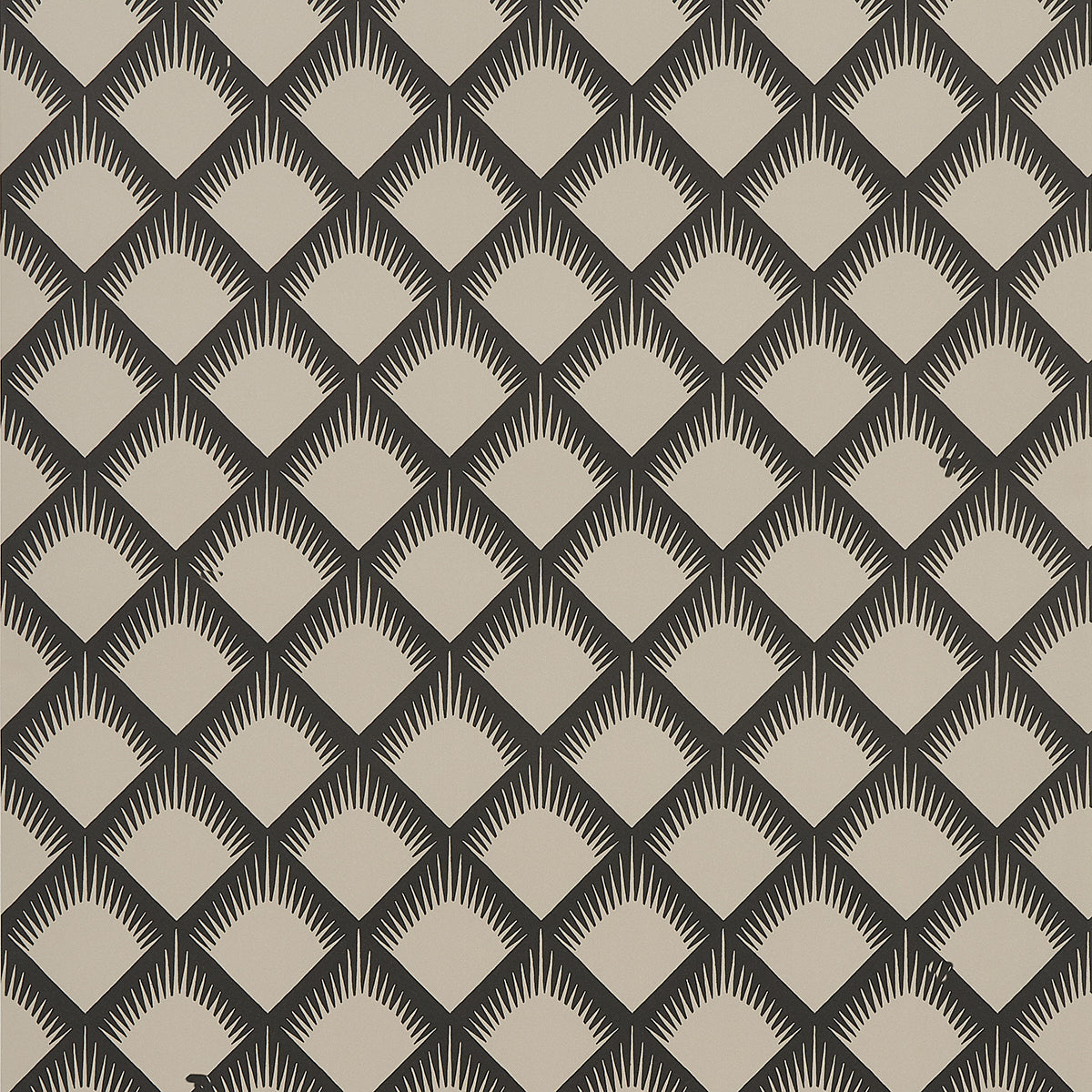 Beige and dark-brown diamond lattice with sunburst diamonds; geometric wallpaper design.