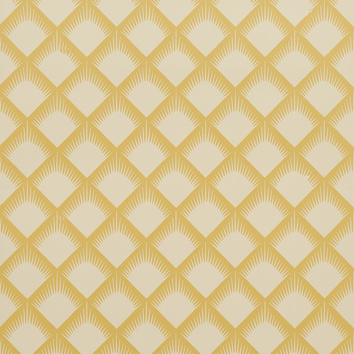 Mustard-yellow diamond sunburst wallpaper pattern on cream backdrop; retro geometric wall decor.