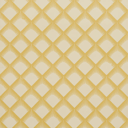 Mustard-yellow diamond sunburst wallpaper pattern on cream backdrop; retro geometric wall decor.