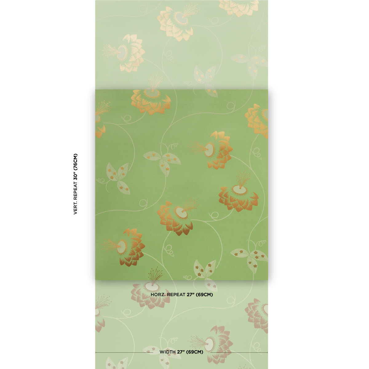 Green gradient floral fabric with orange and cream blossoms on vines; rolled swatch, 27" horizontal repeat (69cm).