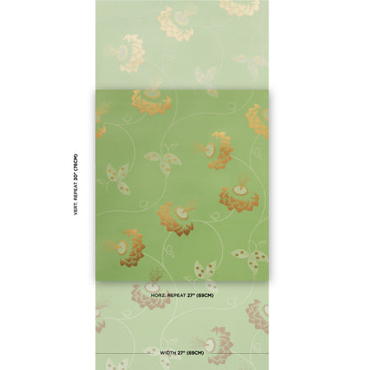 Green gradient floral fabric with orange and cream blossoms on vines; rolled swatch, 27" horizontal repeat (69cm).