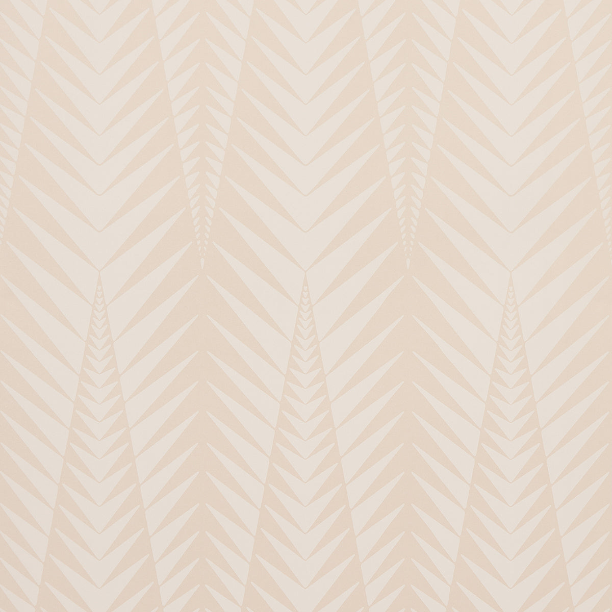 Beige wall wallpaper with a repeating tan chevron/leaf geometric pattern in vertical columns.
