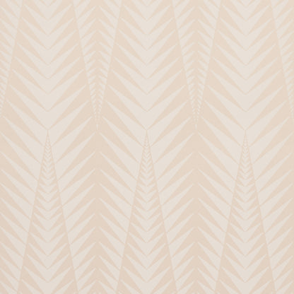 Beige wall wallpaper with a repeating tan chevron/leaf geometric pattern in vertical columns.