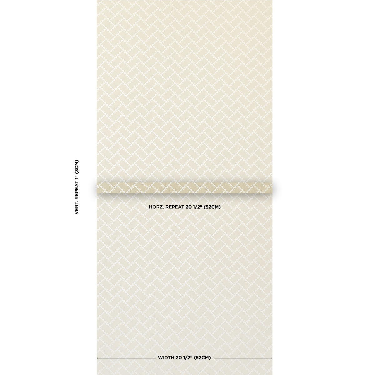 Beige wallpaper roll with subtle geometric lattice pattern; neutral damask-style wall covering.