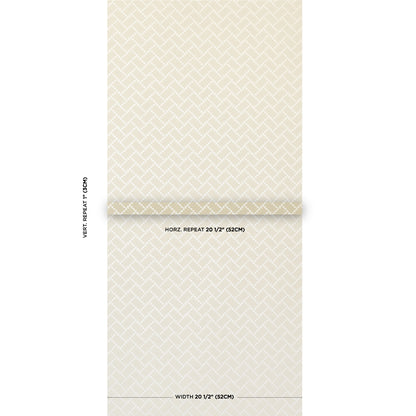 Beige wallpaper roll with subtle geometric lattice pattern; neutral damask-style wall covering.
