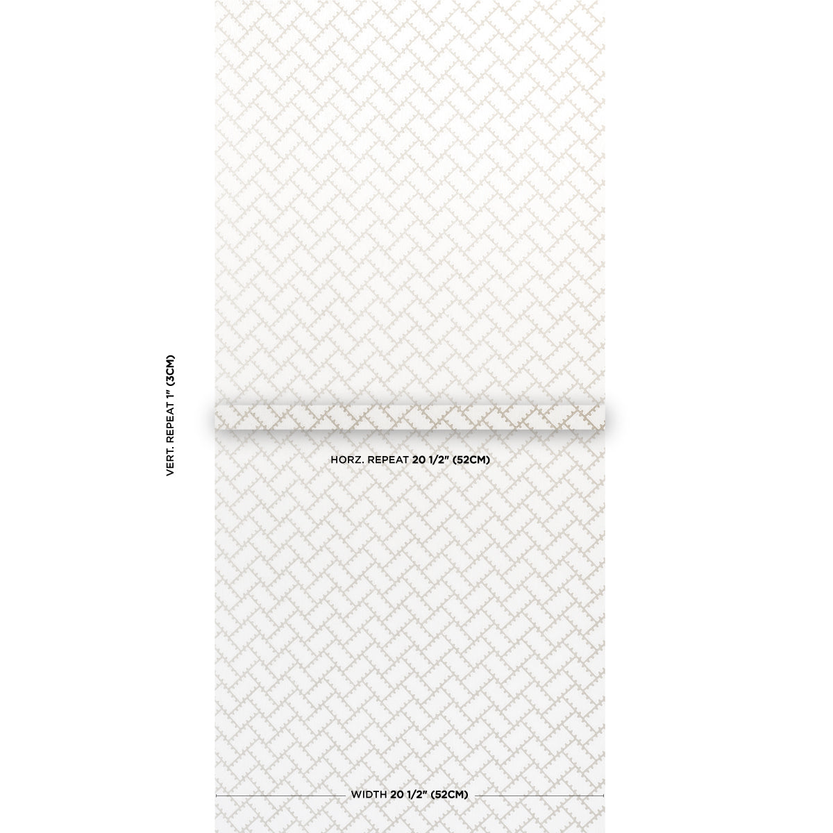 White wallpaper sample with a pale gray diamond lattice trellis pattern, folded edge, subtle geometric texture.