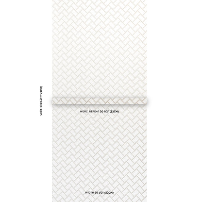 White wallpaper sample with a pale gray diamond lattice trellis pattern, folded edge, subtle geometric texture.