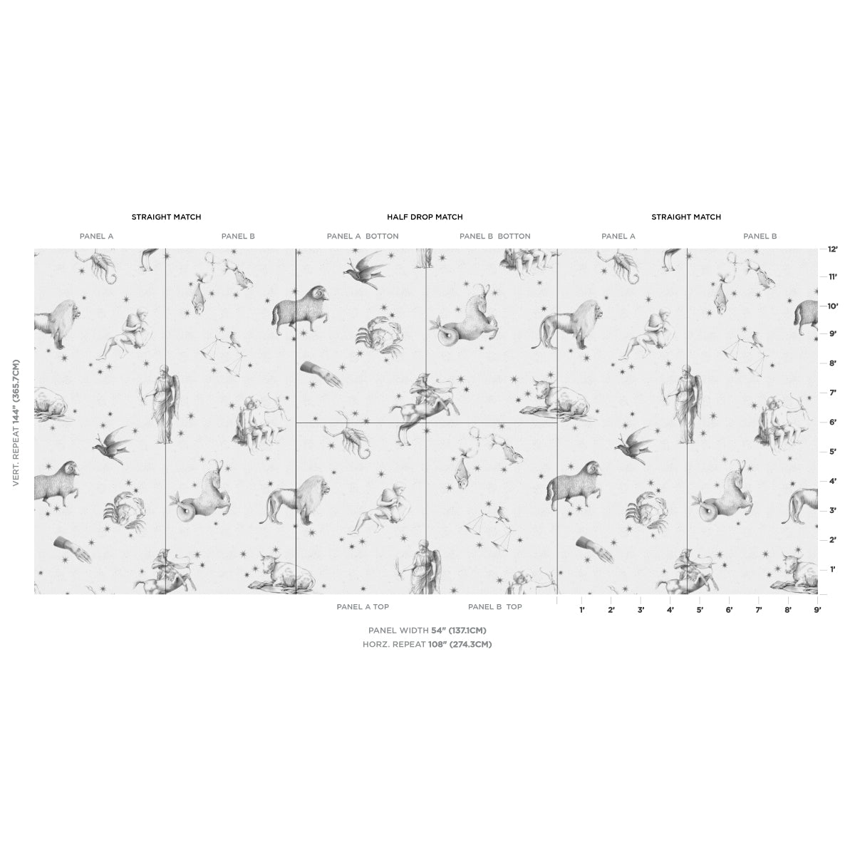 Gray-scale animal motif wallpaper sample laid out in a grid, showing straight and half-drop match patterns.