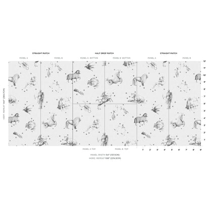 Gray-scale animal motif wallpaper sample laid out in a grid, showing straight and half-drop match patterns.
