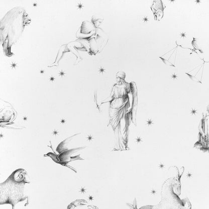 Grey pencil-sketch pattern of zodiac/mythic figures—winged goddess, scales, bird, ram, lion—repeating motif.