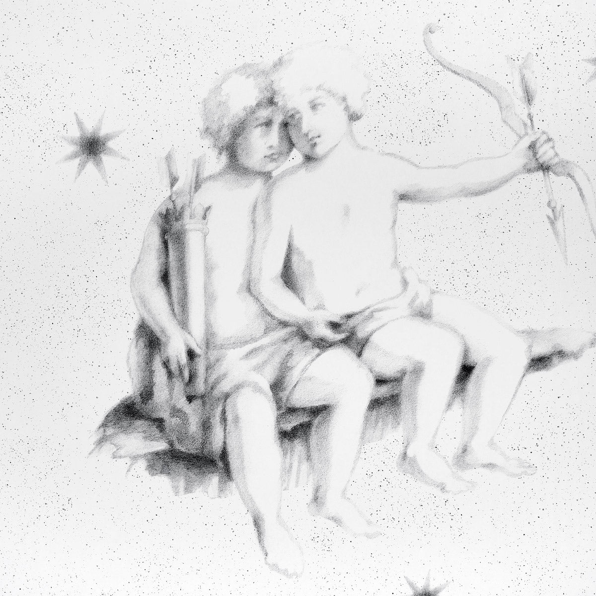 Panel set in grisaille with a grayscale pencil sketch of two seated young boys; one holds a curved wand.