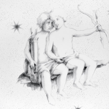 Panel set in grisaille with a grayscale pencil sketch of two seated young boys; one holds a curved wand.