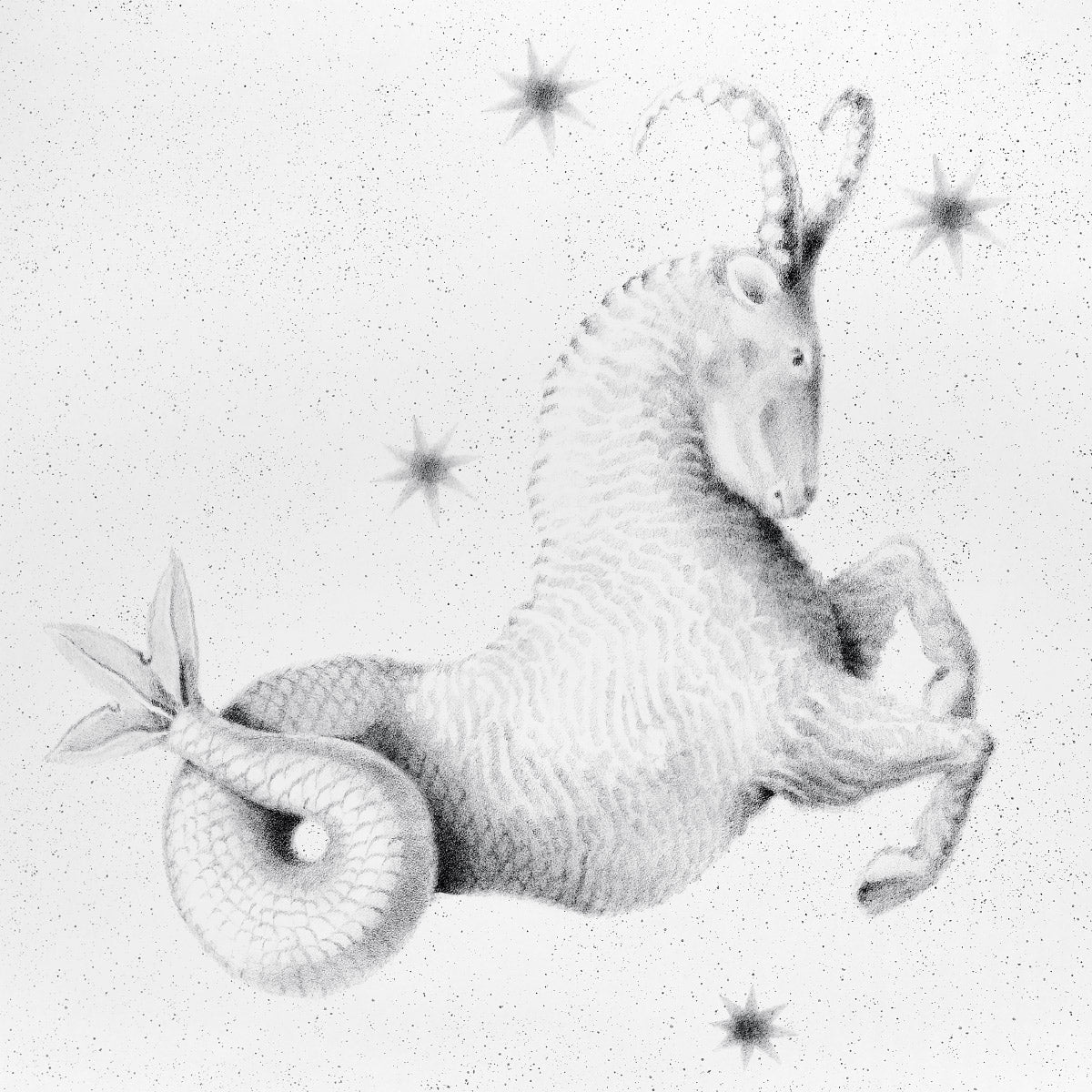 Gray engraving-style mythical creature: horse-like body with a spiral ammonite tail, antennae horns, starry backdrop.