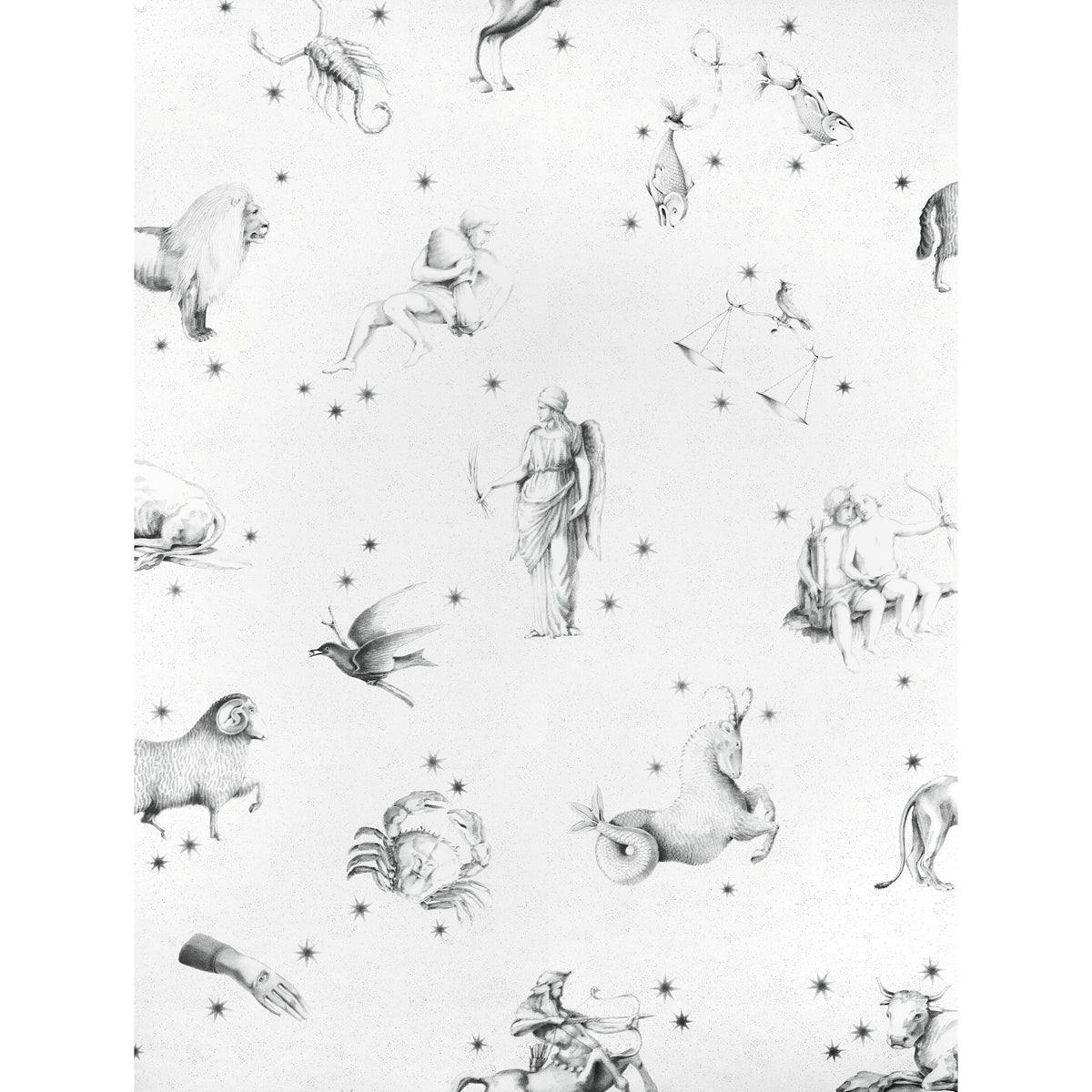 Pencil-sketch celestial motifs: animals, mythic figures and stars on a pale background pattern.