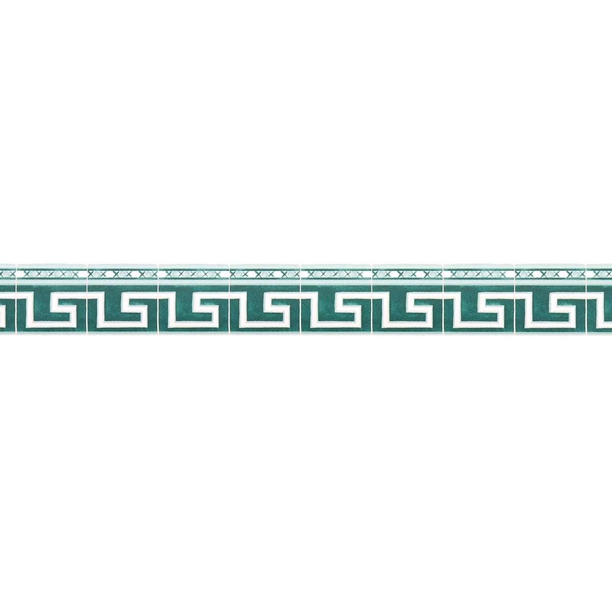 Teal ceramic tile border strip featuring a Greek key meander pattern with white grout for backsplash trim.