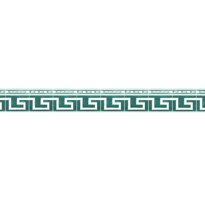 Teal ceramic tile border strip featuring a Greek key meander pattern with white grout for backsplash trim.