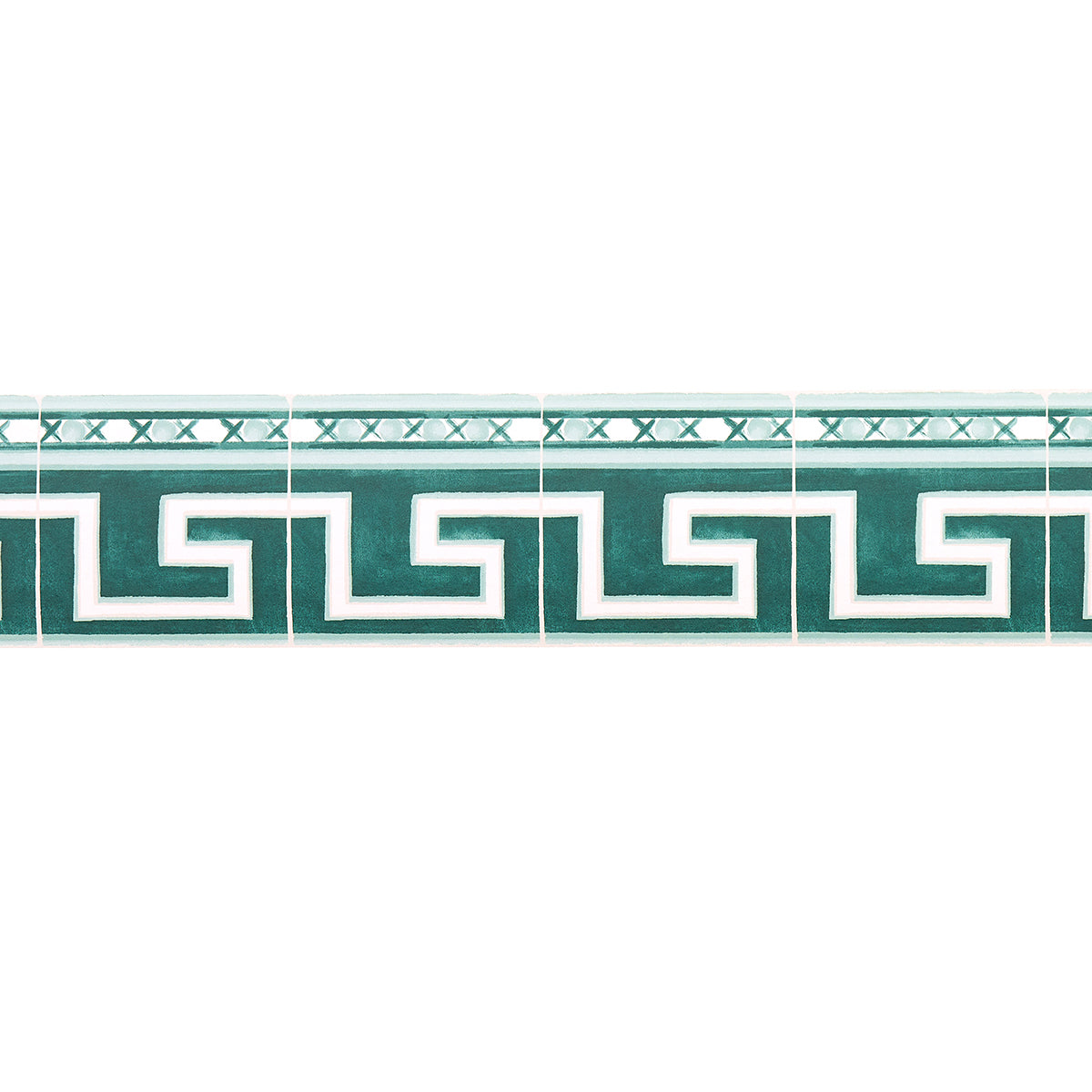 Emerald glazed ceramic border tiles with a white Greek key meander pattern for a decorative backsplash strip.