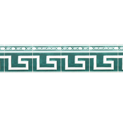 Emerald glazed ceramic border tiles with a white Greek key meander pattern for a decorative backsplash strip.