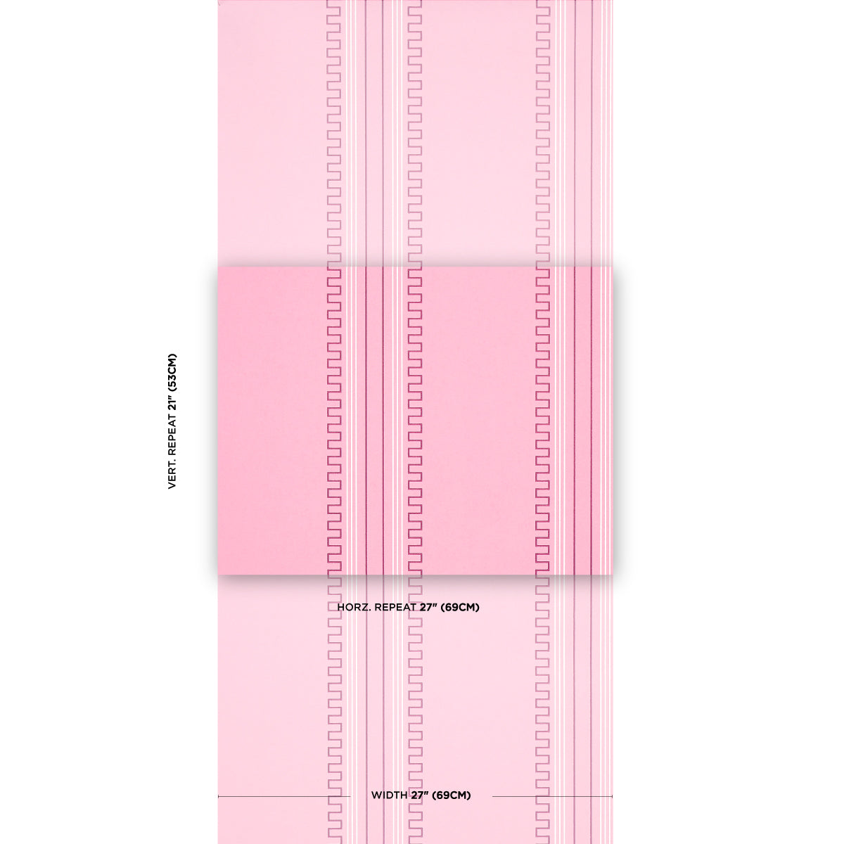 Soft pink wallpaper with vertical zipper-like stripes and repeating pattern; modern geometric design.