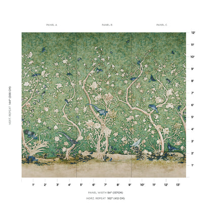 Decorative tapestry panel of white blossoms on pale trees with blue birds against a green garden backdrop.