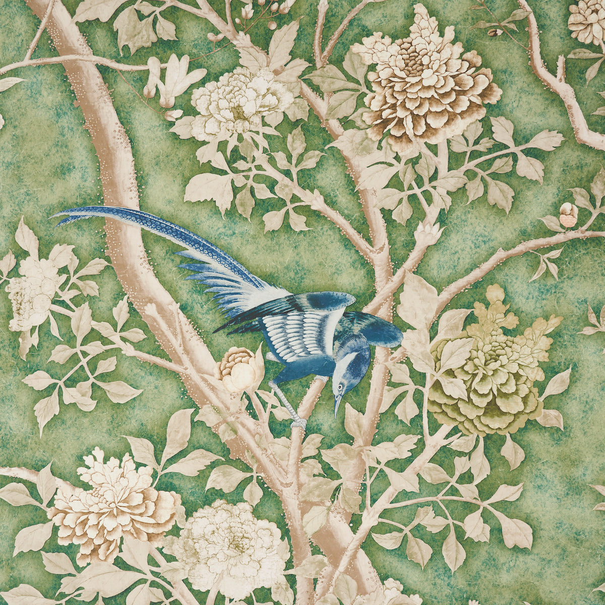 Decorative wallpaper pattern with a blue bird perched on cream peonies among green branches.