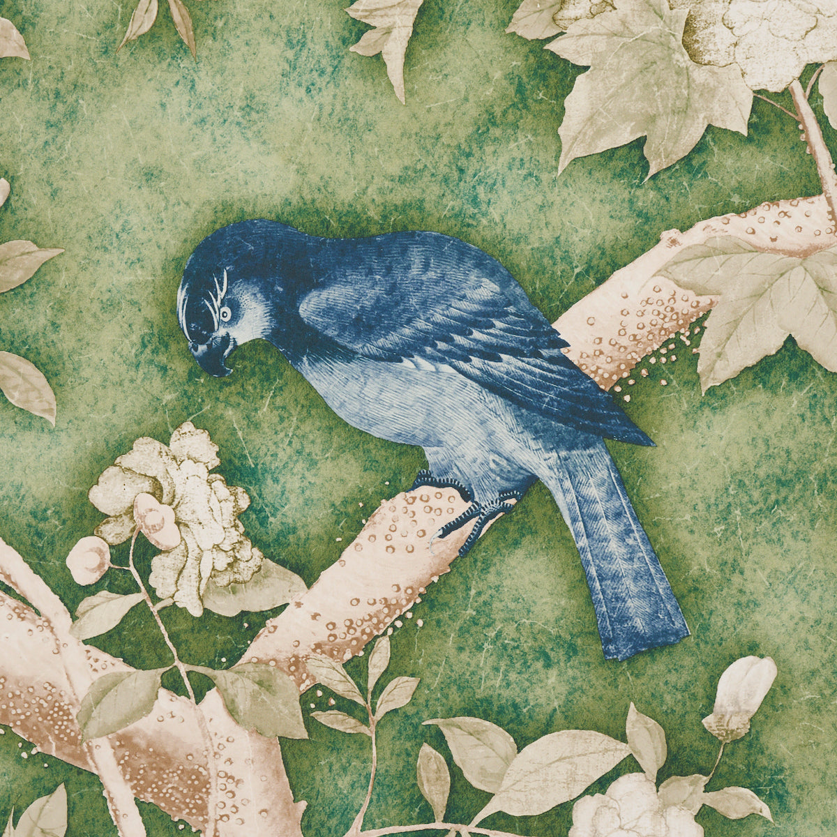 Illustrated blue parrot perched on a light brown branch among beige leaves on a green textured background.